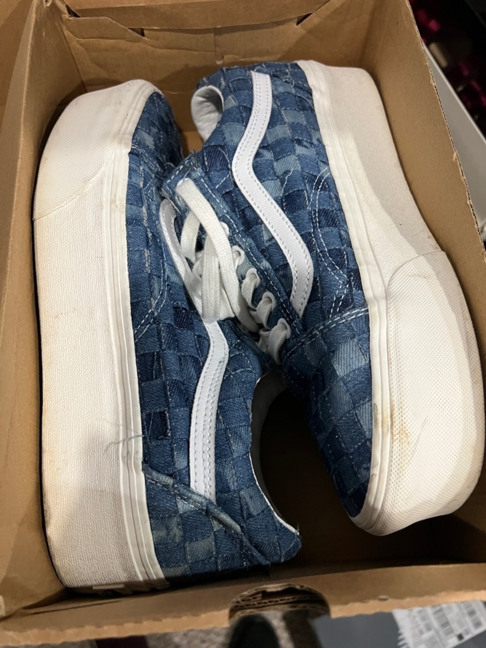 Vans Blue Denim Checkerboard Low-Top Sneakers with White Stripe